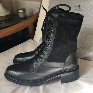 Aquatalia Black Orianna Weatherpr Leather Combat Lace-up Moto Boots ITALY - NEW